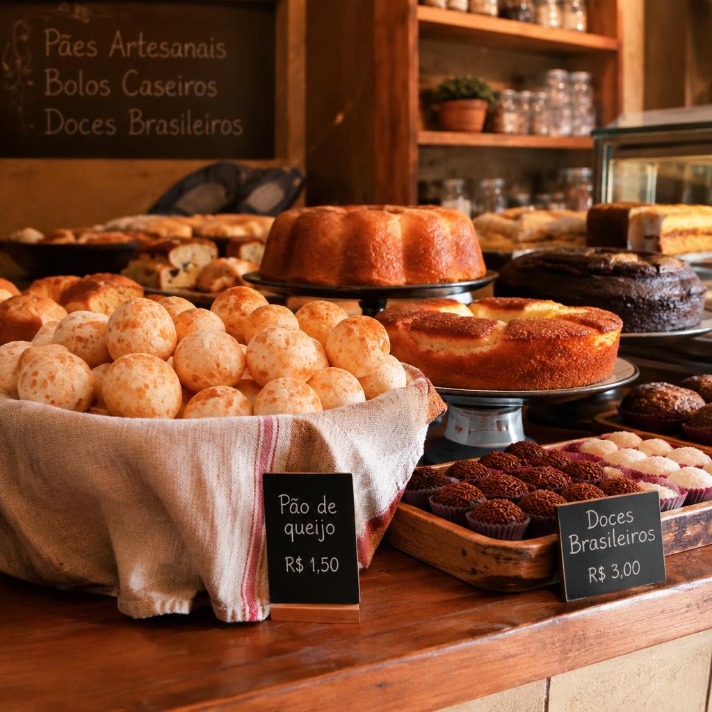 Pão de queijo, bolos e doces da padaria